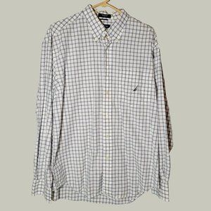 Nautica Mens Button Down Dress Shirt  White Blue Black Check  Long Sleeve Size L